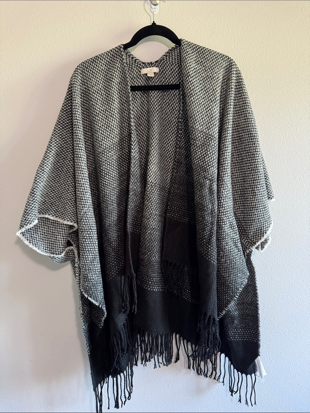 LOFT Black and White Fringe Knit Poncho